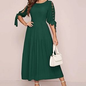 Pleated Dress With Split Sleeves and Beaded Pearls